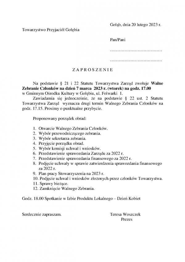 Zaproszenie na Walne Sprawozdawcze Zebranie Członk&oacute;w T P G