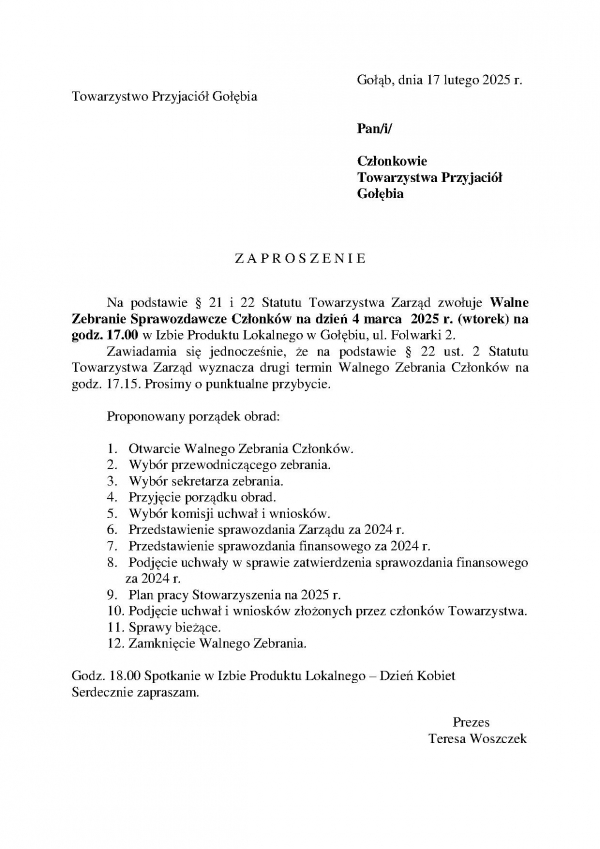 Zaproszenie na Walne Sprawozdawcze Zebranie członk&oacute;w Towarzystwa